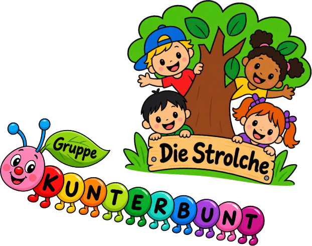 Bild mit einer Gruppe Kindern (Strolche) und einer Raupe, den Logos der Gruppen